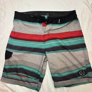 Maui and Sons Men's Board Shorts Sz 32 Gray/Teal/Colorful Swim Trunks Beach Surf